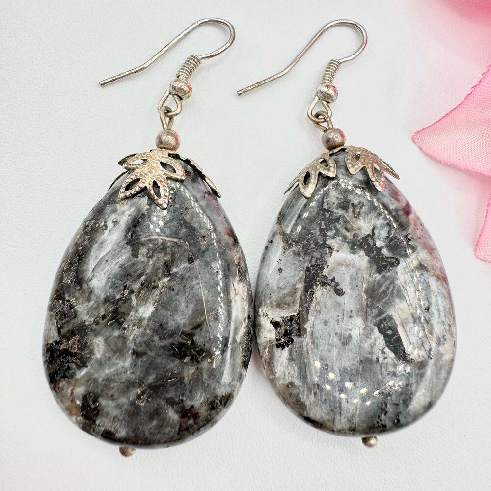 Vintage Larvikite Teardrop Chunky Dangle Earrings Stone Rockhound Natural Gray